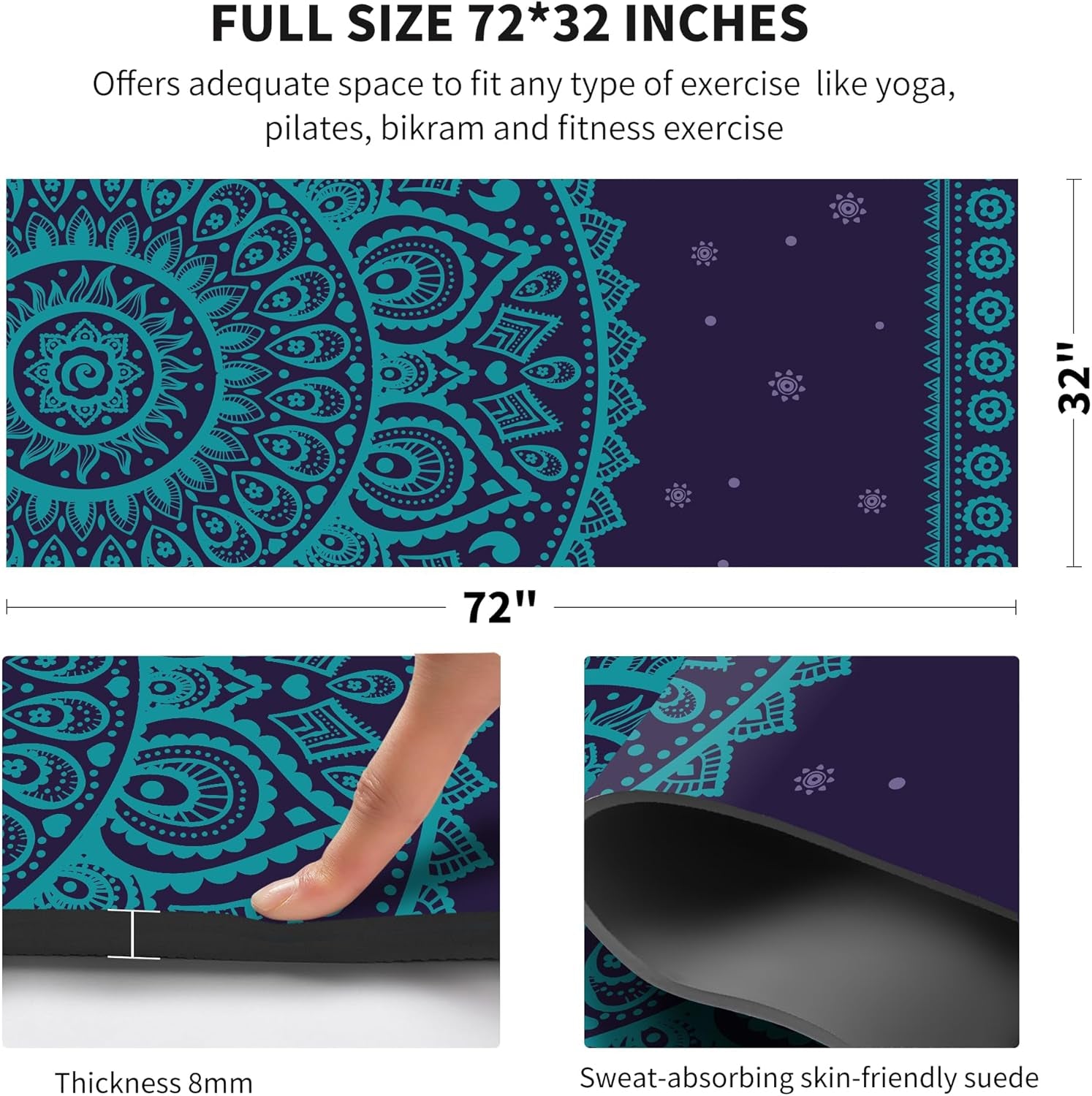 Suede TPE Yoga Mat High Density Non Slip Yoga Mats with Carrying Bag,72"X32" Extra Thick 8MM Exercise & Workout Mat for Yoga, Pilates and Fitness
