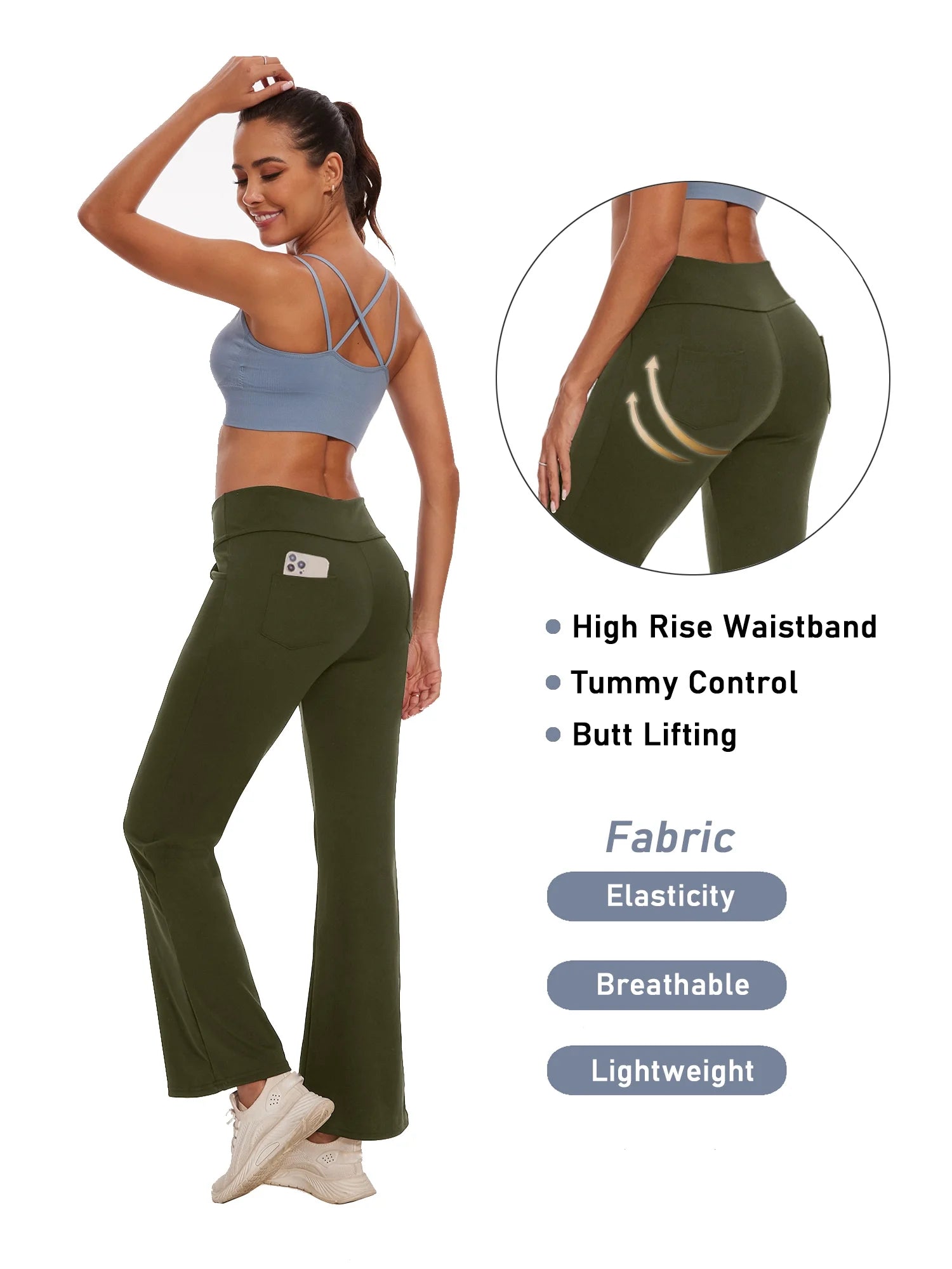 Womens Bootcut Yoga Pants Flare Workout Legging with Pockets High Waist Lightweight Bottoms Activewear Green M
