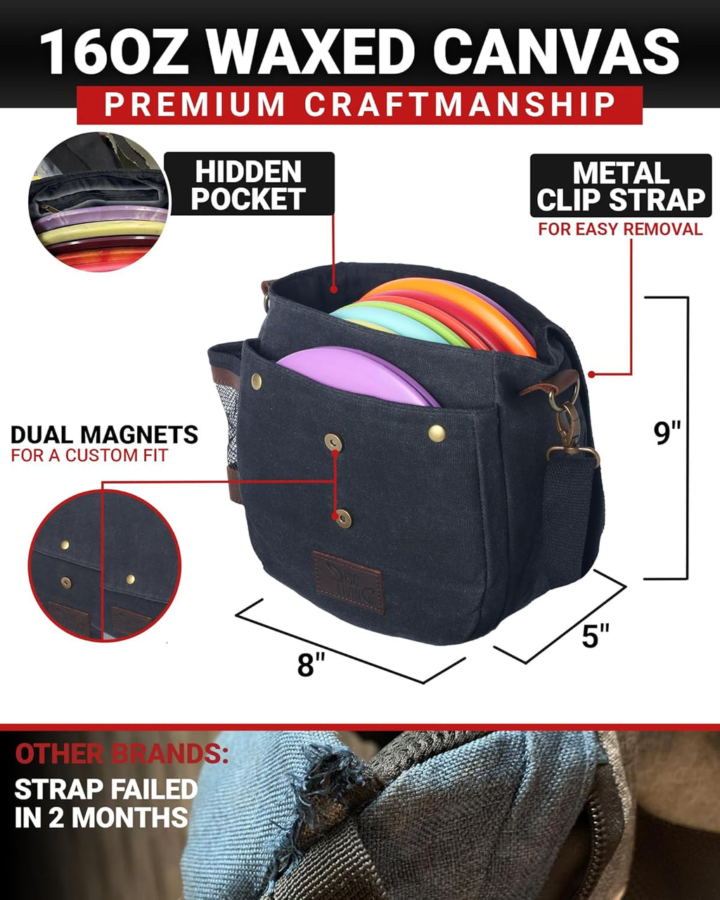 Disc Golf Bag | Frisbee Golf Bag | Easy to Carry | Lightweight Fits up to 10 Discs | 16 Oz Waxed Canvas Sturdy Design | Belt Loop | Double Button Design | Bottle Holder