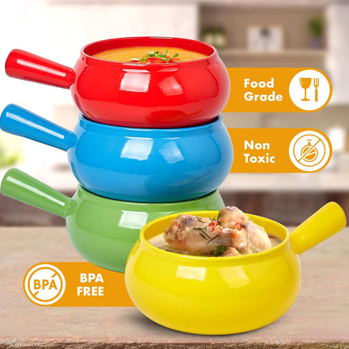 17 Oz round Ceramic Soup Bowl with Handle Set of 4, 17 Ounce Small Ceramic French Onion Soup Crocks in Multiple Color for Kitchen or Dinner Table Decoration