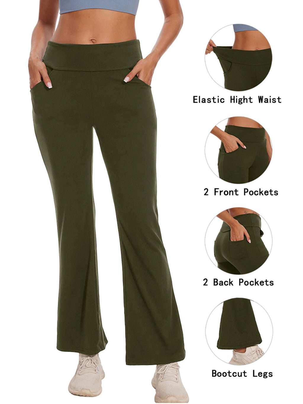 Womens Bootcut Yoga Pants Flare Workout Legging with Pockets High Waist Lightweight Bottoms Activewear Green M