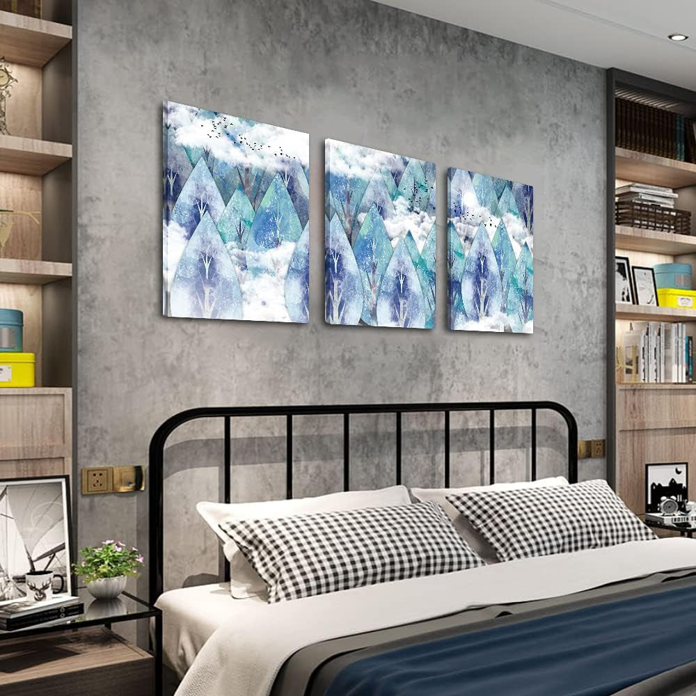 Abstract Canvas Wall Art for Living Room Family Wall Decor for Bedroom Modern Wall Decorations for Bathroom Hang Pictures Artwork Kitchen Canvas Art Blue Tree Wall Paintings Home Decoration 3 Piece