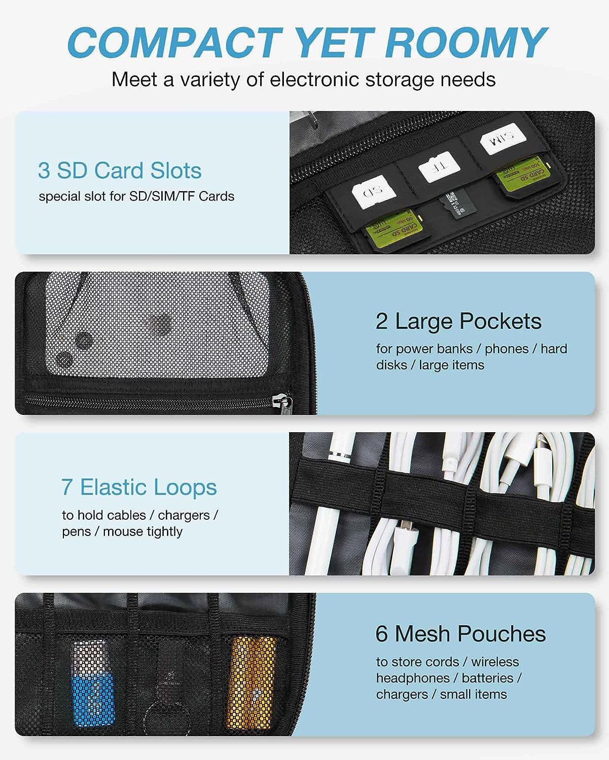 Large Electronics Organizer Travel Case, Travel Cable Organizer Bag for Travel Essentials, Travel Tech Organizer as Travel Accessories, Cord Organizer for Phone, Power Bank SD Card, Blue