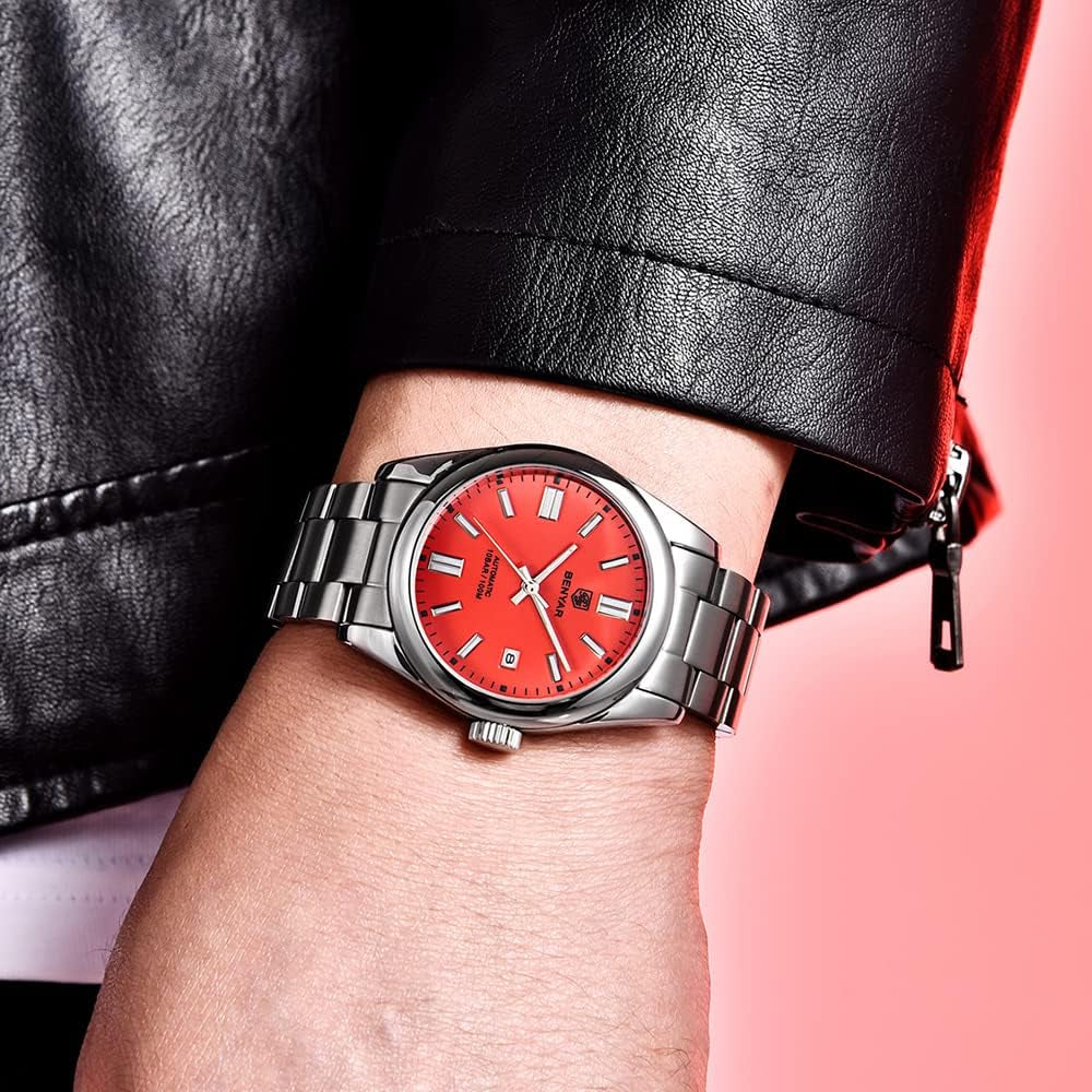 Men'S Watch Waterproof Sports Mechanical Watch Stainless Steel Strap Men'S Mechanical Wrist Watch (Steel Red)…