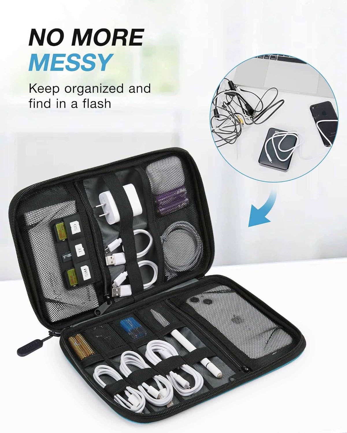 Large Electronics Organizer Travel Case, Travel Cable Organizer Bag for Travel Essentials, Travel Tech Organizer as Travel Accessories, Cord Organizer for Phone, Power Bank SD Card, Blue