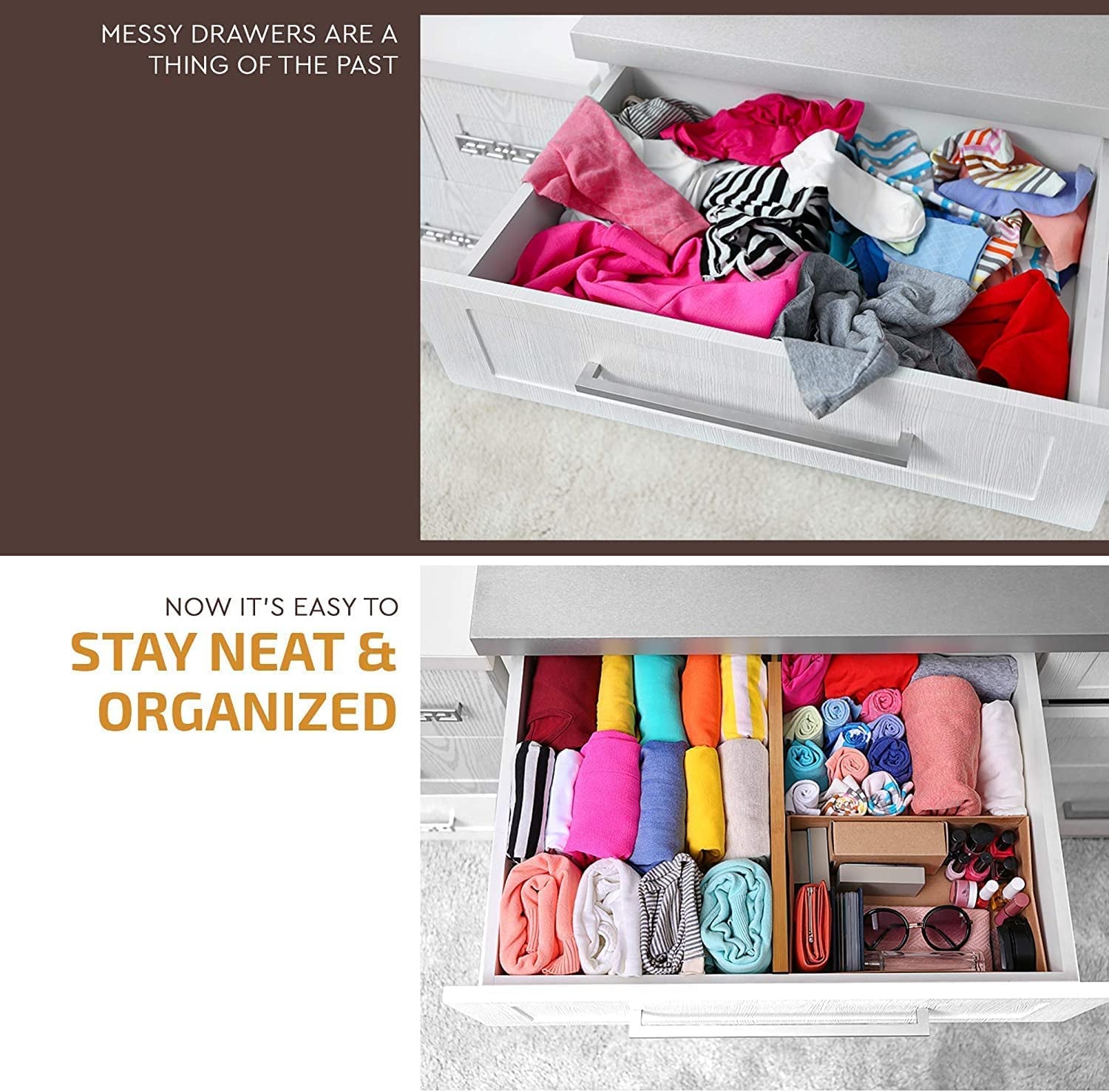 6 Pack Bamboo Drawer Dividers - 17" to 21.5" Expandable Adjustable Drawer Organizer for Kitchen Utensils, Large Kitchen Drawer Divider, Clothes, Dresser, Bedroom, Bathroom & Desk Drawer Separator Set