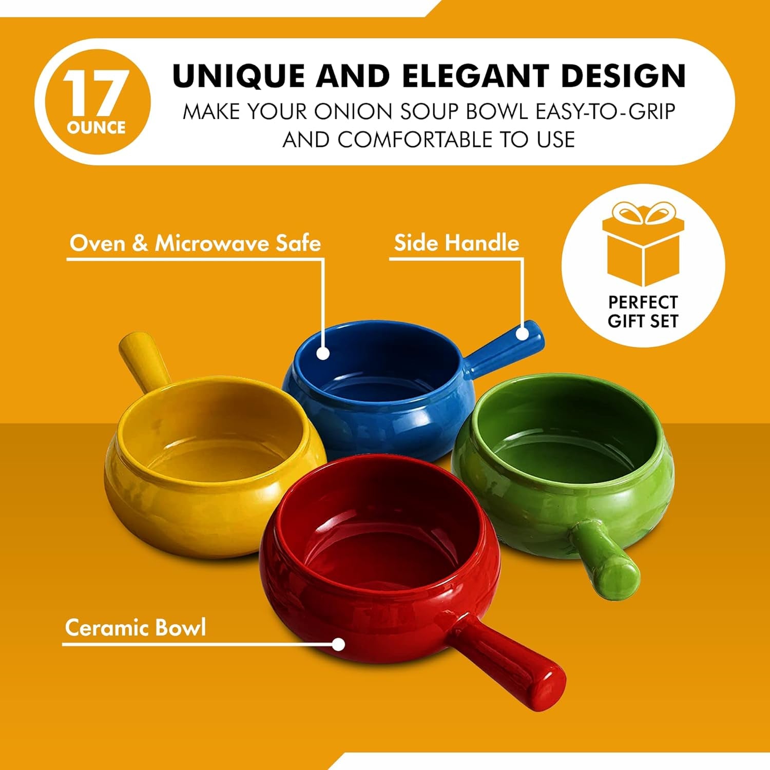 17 Oz round Ceramic Soup Bowl with Handle Set of 4, 17 Ounce Small Ceramic French Onion Soup Crocks in Multiple Color for Kitchen or Dinner Table Decoration