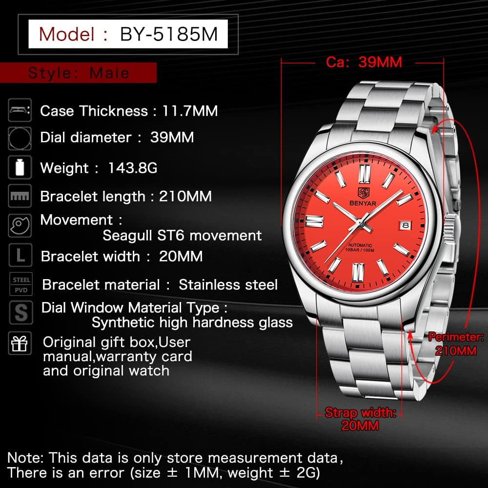 Men'S Watch Waterproof Sports Mechanical Watch Stainless Steel Strap Men'S Mechanical Wrist Watch (Steel Red)…