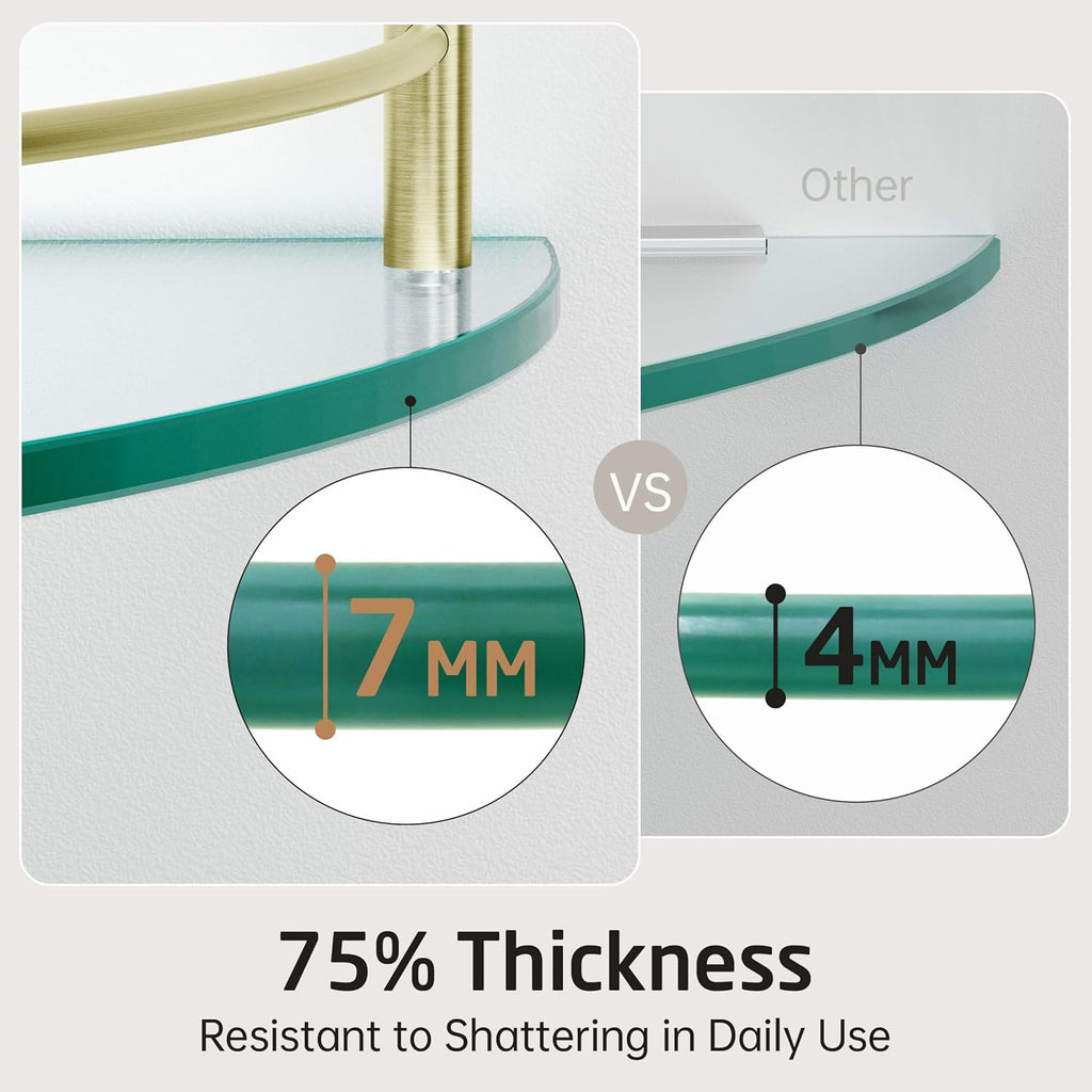 Glass Corner Shelf Bathroom Shelf Tempered Glass with Rail SUS 304 Stainless Steel Floating Wall Mount Bracket Brushed Gold, BGS2101A-BZ