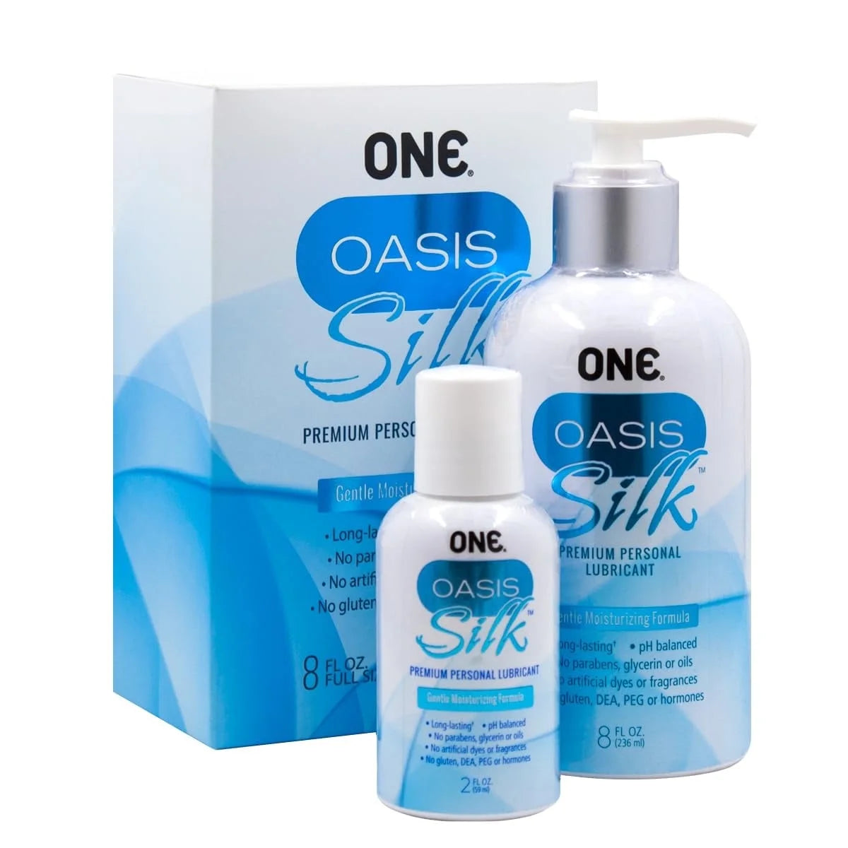 ONE Oasis Silk Twin Pack: Non-Sticky, Hydrating - 8Oz. Pump Bottle and 2Oz. Travel Size Bottle