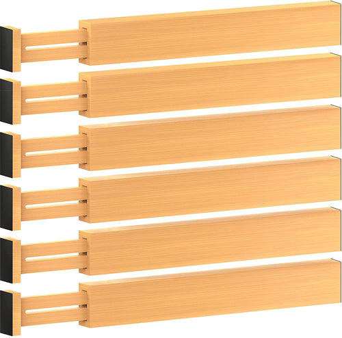 6 Pack Bamboo Drawer Dividers - 17" to 21.5" Expandable Adjustable Drawer Organizer for Kitchen Utensils, Large Kitchen Drawer Divider, Clothes, Dresser, Bedroom, Bathroom & Desk Drawer Separator Set