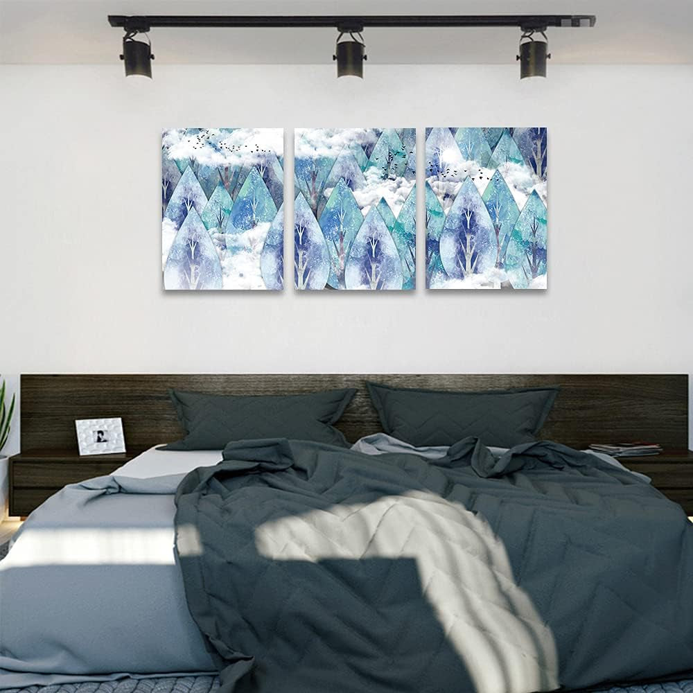 Abstract Canvas Wall Art for Living Room Family Wall Decor for Bedroom Modern Wall Decorations for Bathroom Hang Pictures Artwork Kitchen Canvas Art Blue Tree Wall Paintings Home Decoration 3 Piece