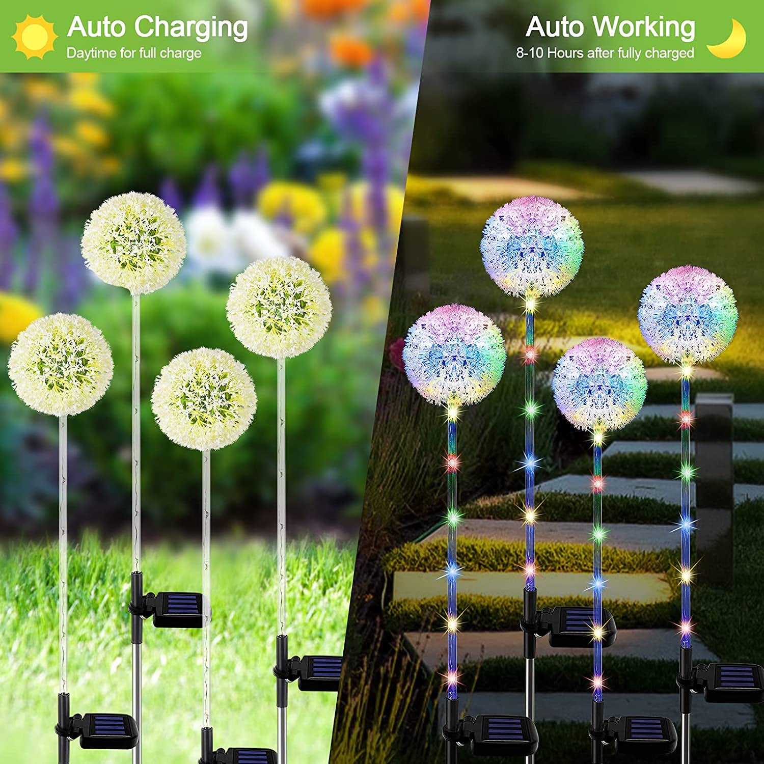 Solar Garden Lights Outdoor, 4Pack Solar Garden Dandelion Lights, Solar Stake Lights, Solar Pathway Lights Waterproof Solar Outdoor Lights, Multi-Color Solar Decorative Lights for Garden