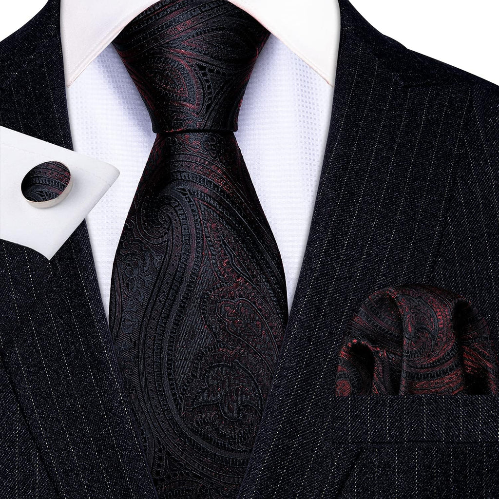 Classic Burgundy Flower Man Tie Set Wedding Necktie Pocket Square Cufflinks Ceremony