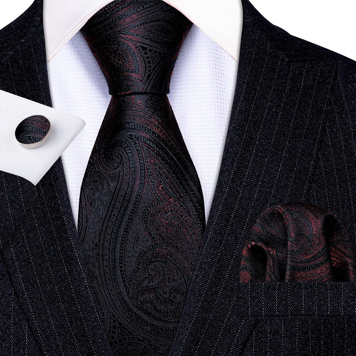 Classic Burgundy Flower Man Tie Set Wedding Necktie Pocket Square Cufflinks Ceremony