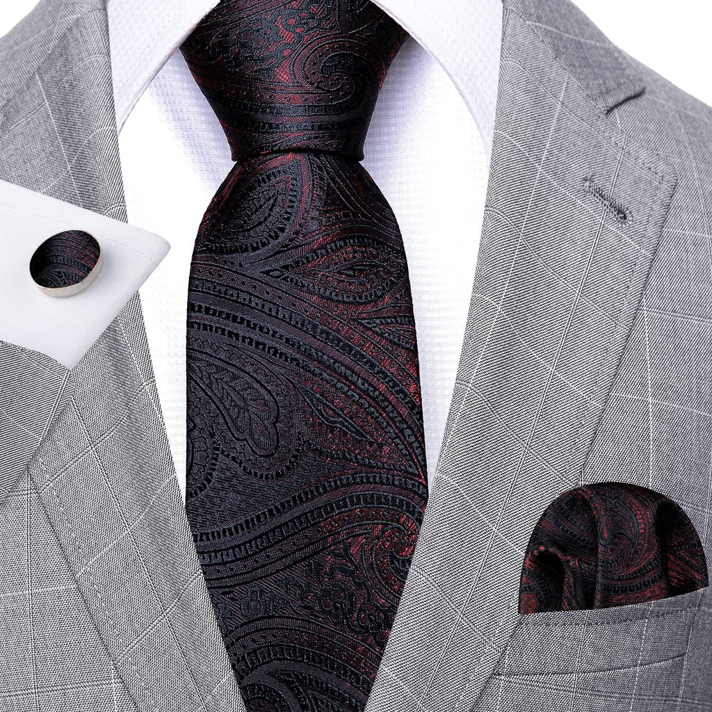Classic Burgundy Flower Man Tie Set Wedding Necktie Pocket Square Cufflinks Ceremony